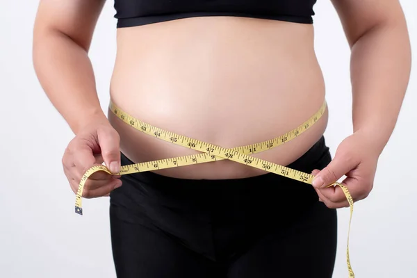 Fat Women Overweight Women Measure Her Belly Fat Gray Background — Stock Photo, Image