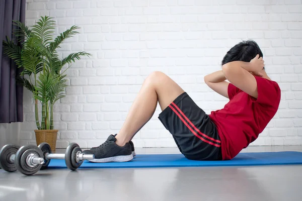 Asiaten Tragen Rote Shirts Hause Mit Sit Trainieren Konzepte Des — Stockfoto