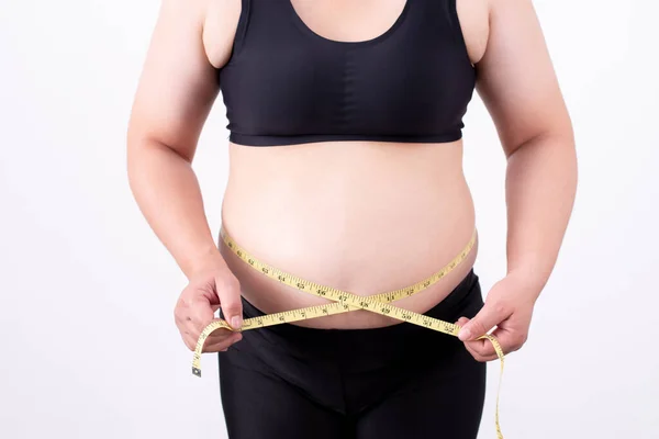 Fat Women Measure Belly Fat Health Care Medical Concepts — Stock Photo, Image