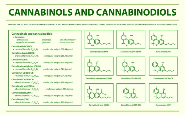 Cannabinol Cannabinodiol Cbn Met Structurele Formules Cannabis Horizontale Infographic Illustratie — Stockvector