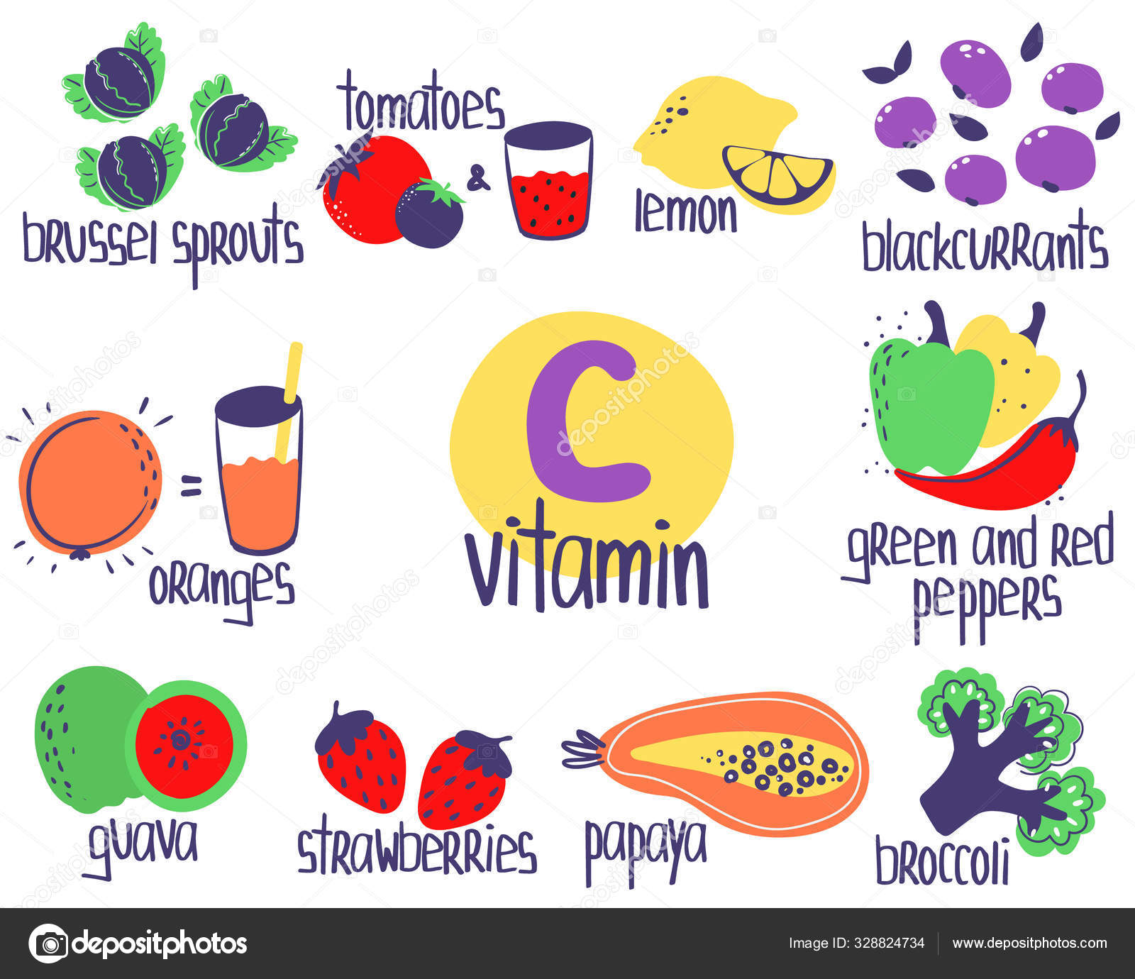 Hand Drawn Vitamin Ascorbic Acid Food Sources Lemon Orange Guava Stock