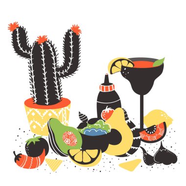 Renkli Meksika yemekleri: margarita, limon, kaktüs, domates, salsa sosu, sarımsak, biber. Restoran menüsü, afiş, broşür, baskı tasarımı için elle çizilmiş yemek.
