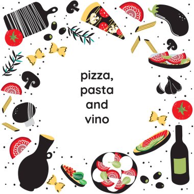 İtalyan mutfak vektör illüstrasyonu caprese salatası, zeytinyağı, tiramisu, makarna, spagetti, sarımsak, domates, peynir, patlıcan, mantar, pizza, bruschetas. El yapımı yemek menüsü.
