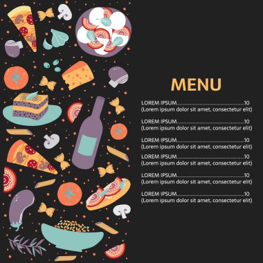 Caprese salatası, zeytinyağı, turamisu, makarna, spagetti, sarımsak, domates, peynir, patlıcan, mantar, pizza, bruschetas. El yapımı yemek menüsü.