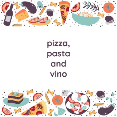 İtalyan mutfak vektör illüstrasyonu caprese salatası, zeytinyağı, tiramisu, makarna, spagetti, sarımsak, domates, peynir, patlıcan, mantar, pizza, bruschetas. El yapımı yemek menüsü.