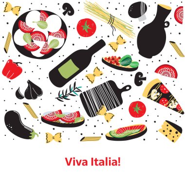 İtalyan mutfak vektör illüstrasyonu caprese salatası, zeytinyağı, tiramisu, makarna, spagetti, sarımsak, domates, peynir, patlıcan, mantar, pizza, bruschetas. El yapımı yemek menüsü.
