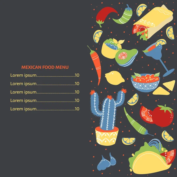 Conjunto Coloridos Elementos Alimenticios Mexicanos Dibujados Mano Burrito Taco Margarita — Vector de stock