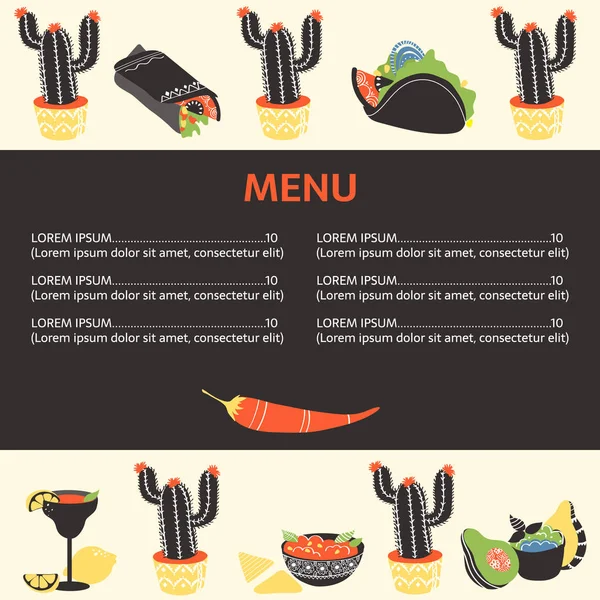 Színes Kézzel Rajzolt Mexikói Ételelemek Burrito Taco Margarita Citrom Kaktusz — Stock Vector
