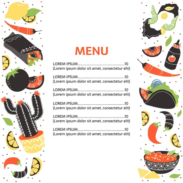 Conjunto Coloridos Elementos Alimenticios Mexicanos Dibujados Mano Burrito Taco Margarita — Vector de stock