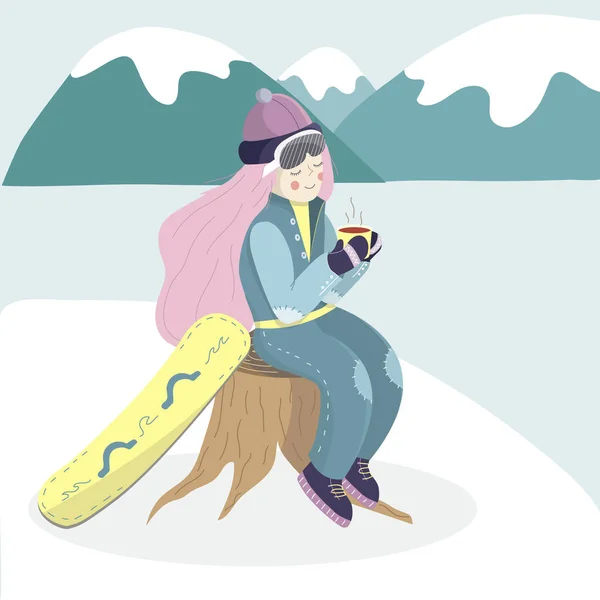 Snowboarder mulher com chá — Vetor de Stock