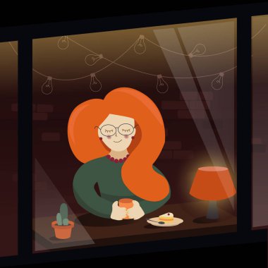 Genç Uzun Saçlı Kız Akşamları Bir Kafede Çay İçiyor. Şirin Çizgi Film Karakter Vektörü ResimleriComment.