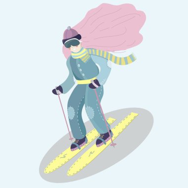 Pembe Saçlı ve Sarı Kızaklı Kayakçı Kız Karikatür Karakteri.