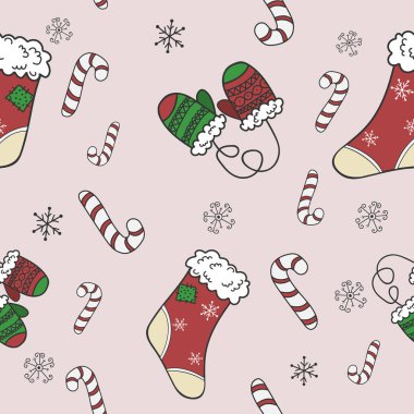 Çorap, Eldiven ve Pembe Arkaplanda Kar Taneleri ile Kusursuz Noel Şablonu