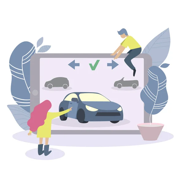 Mężczyzna Kobieta Szukają Samochodu Wynajęcia Strona Wypożyczalni Samochodów Tablecie Drzewa — Wektor stockowy