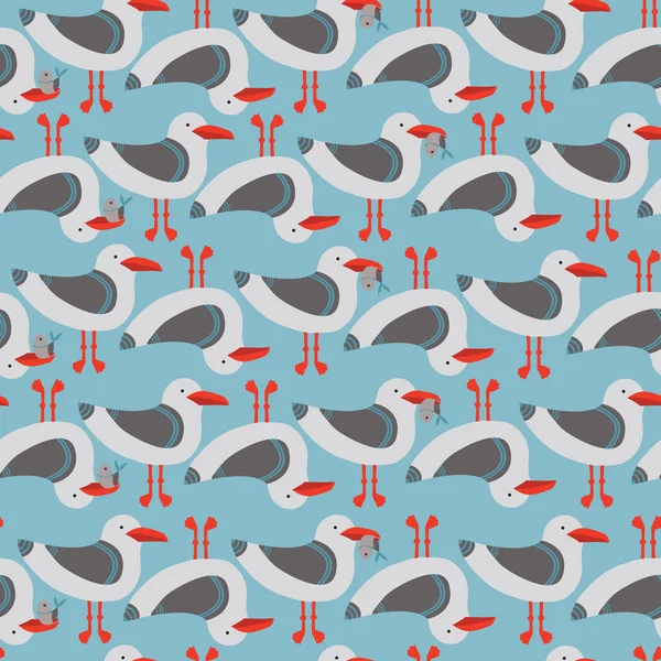 Seamless Pattern with SeaGulls and Fishes on Blue Background.