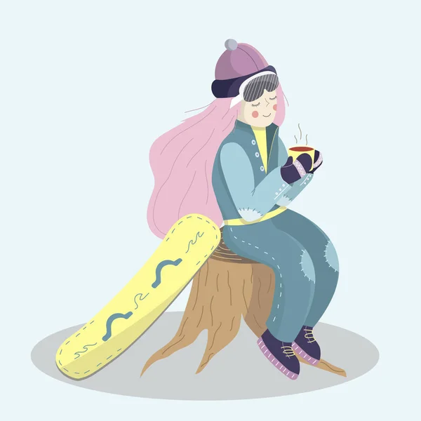 Snowboarding Menina Bebendo Chá Quente Isolado Personagem — Vetor de Stock