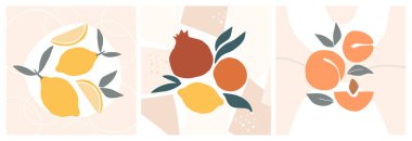 Pastel renklerde soyut yaşam. Çağdaş sanat koleksiyonu. Soyut kağıt elementleri kesiyor, sosyal medya için meyveler, posterler, kartpostallar, yazılar. El yapımı kayısı, nar, limon retro vektör seti.