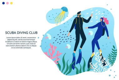Scuba dalış kulübü vektör pankartı ve metin için yeri var. İnsanlar okyanusta yüzüyor. Dalış kıyafetli kadın ve erkek ya da mayo giyen ve deniz dibini keşfeden, balıklar, mercanlar, kaplumbağalar, denizanaları. Su sporları.