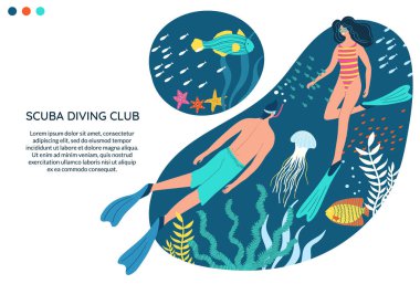 Scuba dalış kulübü vektör pankartı ve metin için yeri var. İnsanlar okyanusta yüzüyor. Dalış kıyafetli kadın ve erkek ya da mayo giyen ve deniz dibini keşfeden, balıklar, mercanlar, kaplumbağalar, denizanaları. Su sporları.