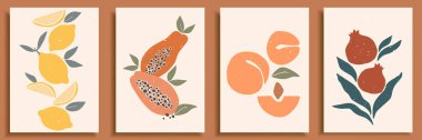 Pastel renkli posterler içinde soyut bir yaşam. Çağdaş sanat koleksiyonu. Soyut kağıt elementleri keser, sosyal medya için meyveler, kartpostallar, baskılar. El yapımı kayısı, nar, limon retro vektör seti.