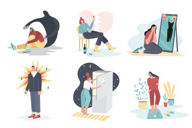 Duygusal sorunları olan bir grup erkek ve kadın, ruhsal bozukluk, stresli durumlarda, alkol problemi, kendini yargılama, depresyon, endişe, psikiyatrik veya psikolojik sorunlar.