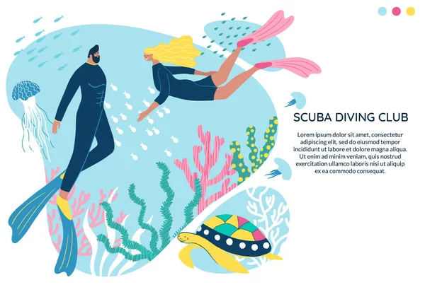 背景に文字でスキューバダイビングクラブのベクトルイラスト 海で泳いでいる人たち ウェットスーツまたは水着の女性と男性シュノーケリングと海底探検 — ストックベクタ