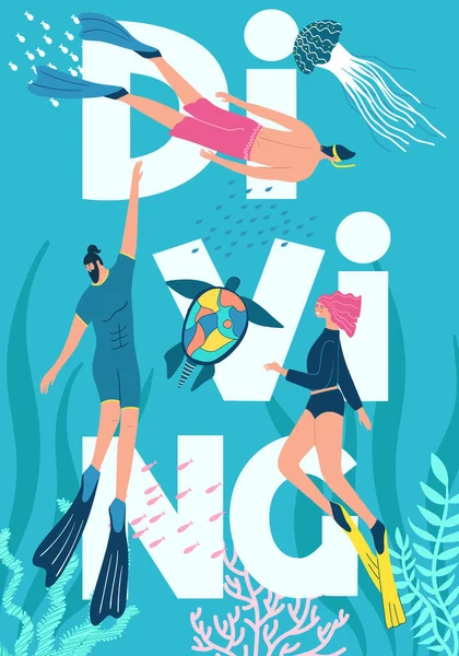Mergulho Clube Vetor Ilustração Com Letras Fundo Pessoas Nadar Oceano — Vetor de Stock