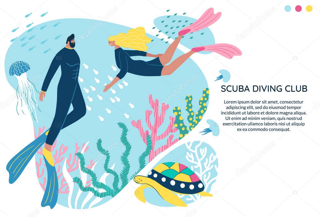Scuba diving club vector illustration with letters on the background. People swimming in the ocean. Woman and man in a wetsuit or swimsuit snorkeling and exploring sea bottom.