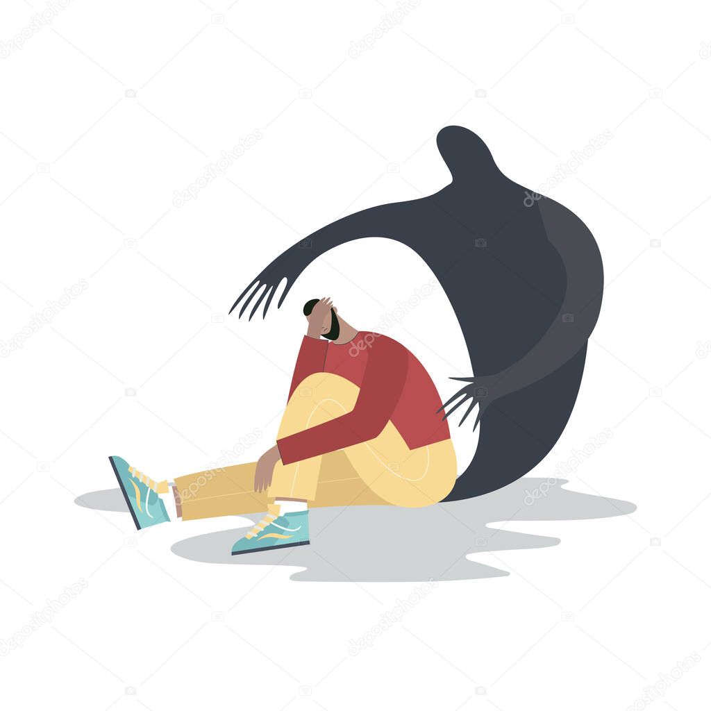 Man with obsessive thoughts, anxiety, fears. Mental Disorder and Emotional Problems, Mental health issues concept. Flat cartoon vector illustration.