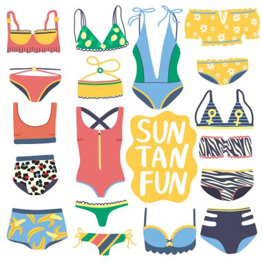 Bir parça izole edilmiş ve iki parça mayo. El çizimi renkli bikini koleksiyonu. Bikini üstlü şık bir mayo ve beyaz arka planda alt külot..