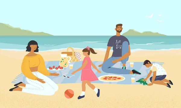 Rodinný Odpočinek Pikniku Pobřeží Matka Otec Hrají Svými Dětmi Pláži — Stockový vektor