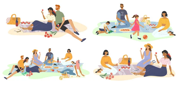Улыбающиеся Друзья Семья Отдыхают Пикнике Парке Счастливые Мужчины Женщины Дети — стоковый вектор