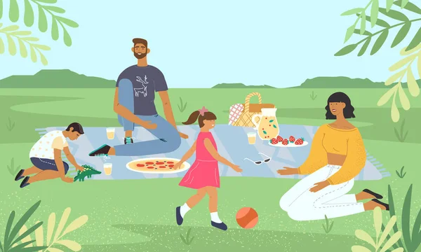 Famiglia Che Rilassa Picnic Nel Parco Mamma Papà Giocano Con — Vettoriale Stock