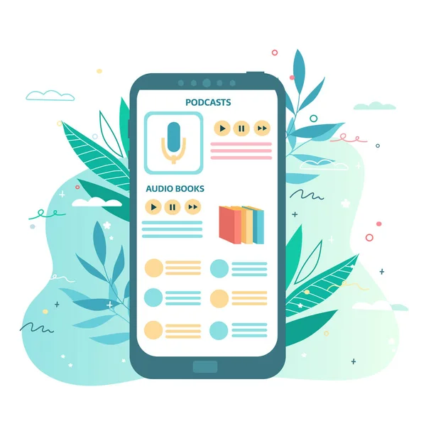 Smartphone Med Hörlurar Abstrakt Bakgrund Koncept För Att Lyssna Poddsändningar — Stock vektor