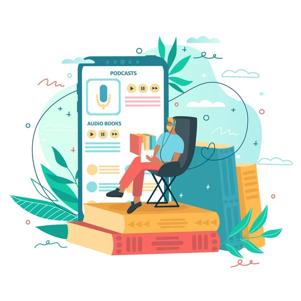 Man is sitting and reading books. Online audio book application, smartphone and colorful books on background. Concept for mobile application for reading. Vector illustration for landing page, UI mobile application, banners.