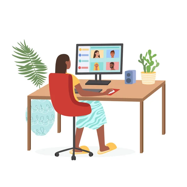 Frau Sitzt Vor Dem Computer Und Arbeitet Von Hause Aus — Stockvektor