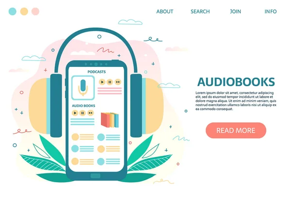 Smartphone Avec Écouteurs Sur Fond Abstrait Concept Écoute Podcasts Streaming — Image vectorielle