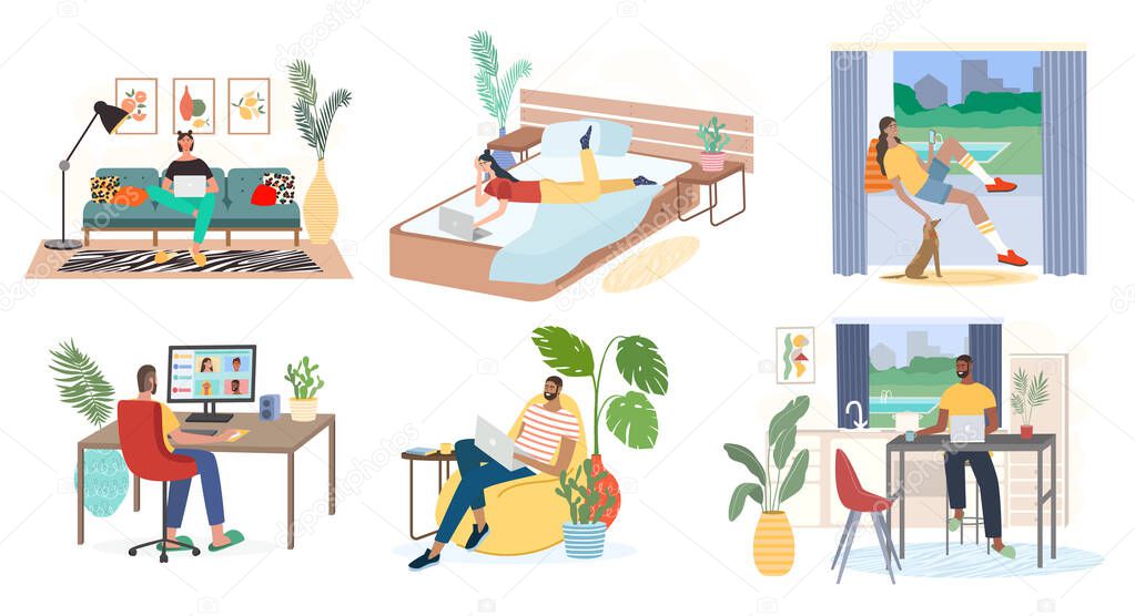 Man and woman with laptops, computers and smartphones are working from home. Freelance work and convenient workplace vector concept. Living room, kitchen, bedroom interior. Distance work, online study, education.