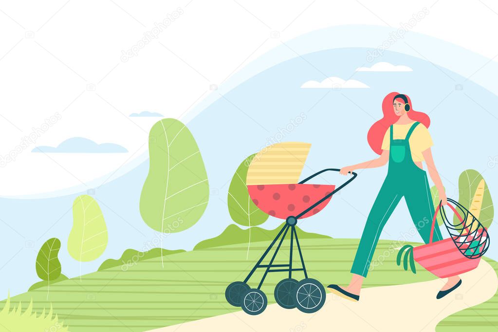 Woman walking with stroller and little baby inside in the park with trees on background. Female strolling and listeing to music, radio, podcasts, online streaming. 