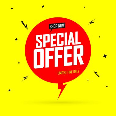 Özel Teklif, satış afiş tasarım şablonu, indirim konuşma kabarcık etiketi, uygulama simgesi, vektör illüstrasyon
