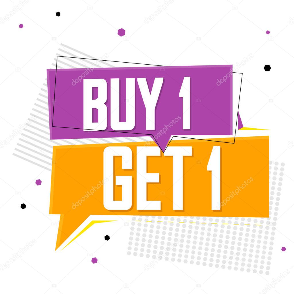 Buy 1 Get 1 Free, sale banner design template, discount speech bubble tag, vector illustration