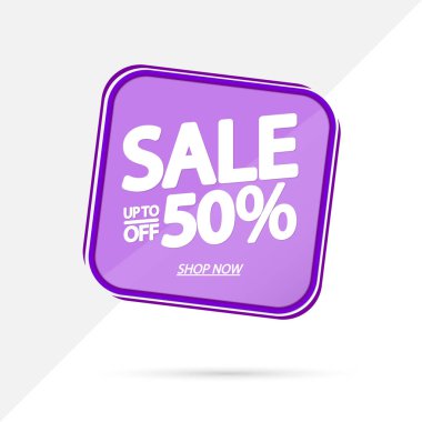 % 50 'ye kadar indirim, pankart tasarım şablonu, indirim etiketi, uygulama simgesi, vektör illüstrasyonu