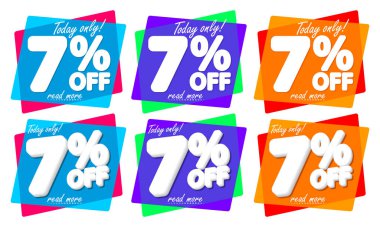 Satışları% 7 indirimli balon pankartlarını, indirimli etiketleri tasarım şablonlarını, bugün sunulan sunucuları, vektör illüstrasyonunu ayarla