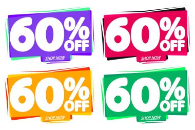 İndirimi% 60 indirimli etiketler, balon pankartları tasarım şablonu, uygulama simgeleri, vektör illüstrasyonunu ayarla