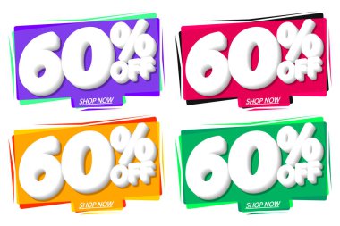 İndirimi% 60 indirimli etiketler, balon pankartları tasarım şablonu, uygulama simgeleri, vektör illüstrasyonunu ayarla