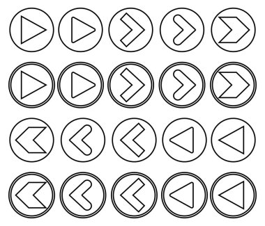 Ok simgelerini ayarla, simgeleri çal tasarım şablonu, izole işaretler, vektör illüstrasyonu