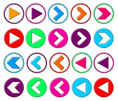 Ok simgelerini ayarla, simgeleri çal tasarım şablonu, izole işaretler, vektör illüstrasyonu