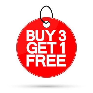 Satın Al 3 Get 1 Ücretsiz, Satış afiş tasarım şablonu, indirim etiketi, uygulama simgesi, vektör illüstrasyon
