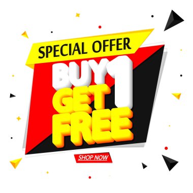 1 Al 1 Bedava, indirimli pankart tasarım şablonu, indirim etiketi, özel teklif, uygulama simgesi, vektör illüstrasyonu