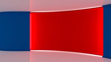 Stüdyo. Yeşil ekran chromakey üretimleri için mükemmel zemin. Beyaz ve mavi arka plan mavi duvar. Kırmızı duvar. 3D. 3d render